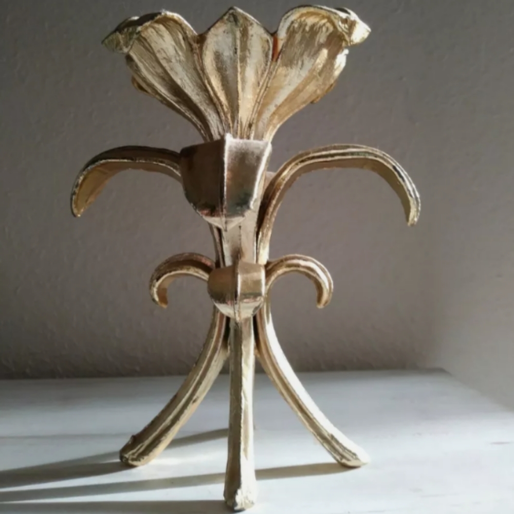 vintage lotus flower gold tone candlestick holder